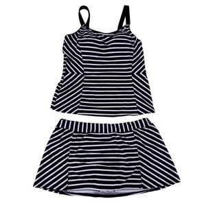 Lands End Womens Navy White Striped Tankini Top 10P & Swim Skirt 12 Set